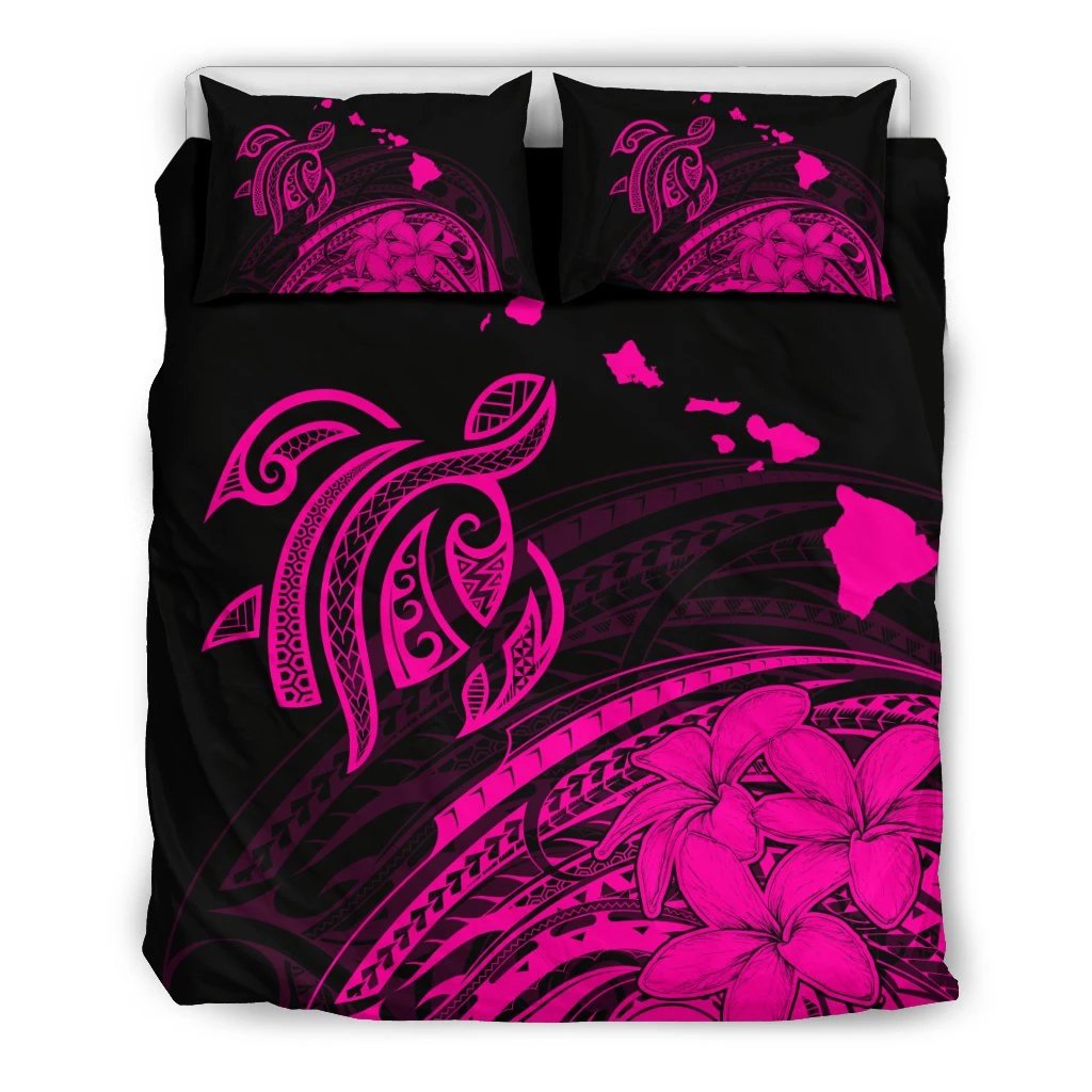 Hawaiian Map Turtle Hibiscus Plumeria Polynesian Bedding Set Pink Black - Polynesian Pride