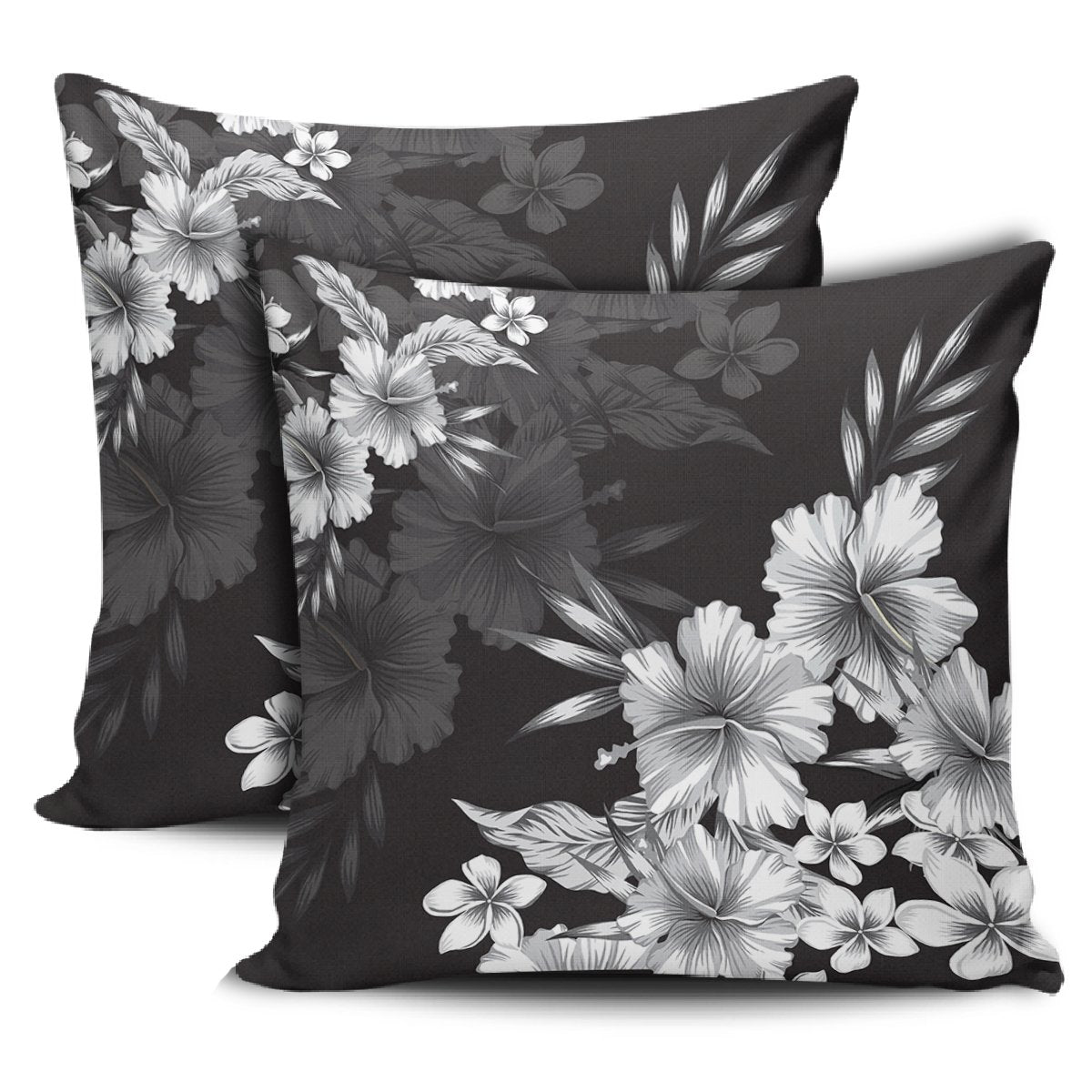 Hibiscus And Plumeria B&W Pillow Covers One Size Zippered Pillow Cases 18"x 18" (Twin Sides) (Set of 2) Black - Polynesian Pride