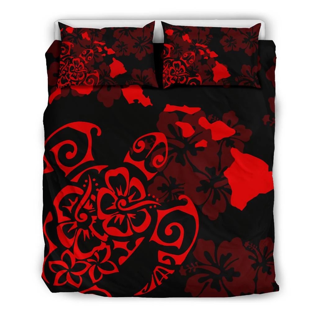 Hawaiian Map Turtle Hibiscus Polynesian Red Bedding Set Black - Polynesian Pride