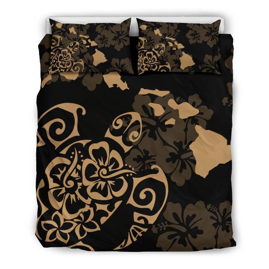 Hawaiian Map Turtle Hibiscus Polynesian Yellow Bedding Set Black - Polynesian Pride