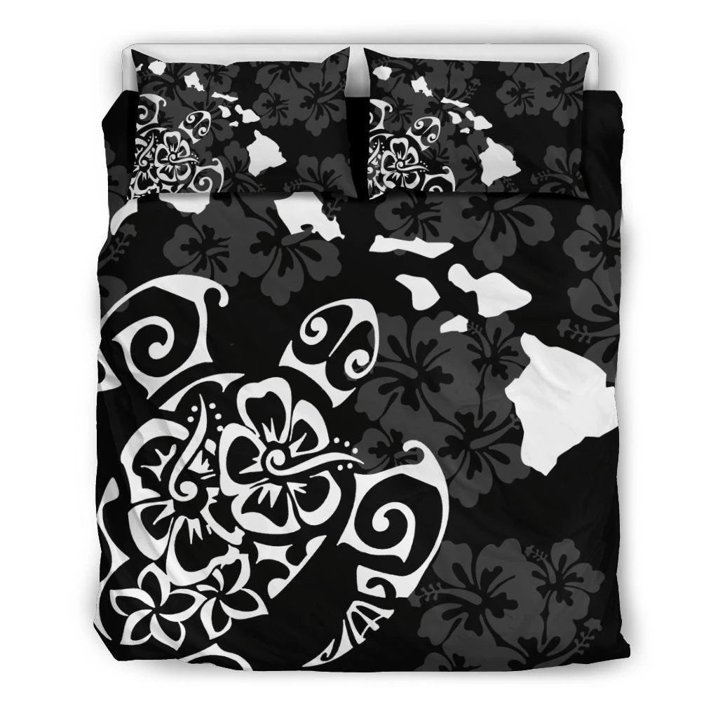 Hawaiian Map Turtle Hibiscus Polynesian White Bedding Set Black - Polynesian Pride