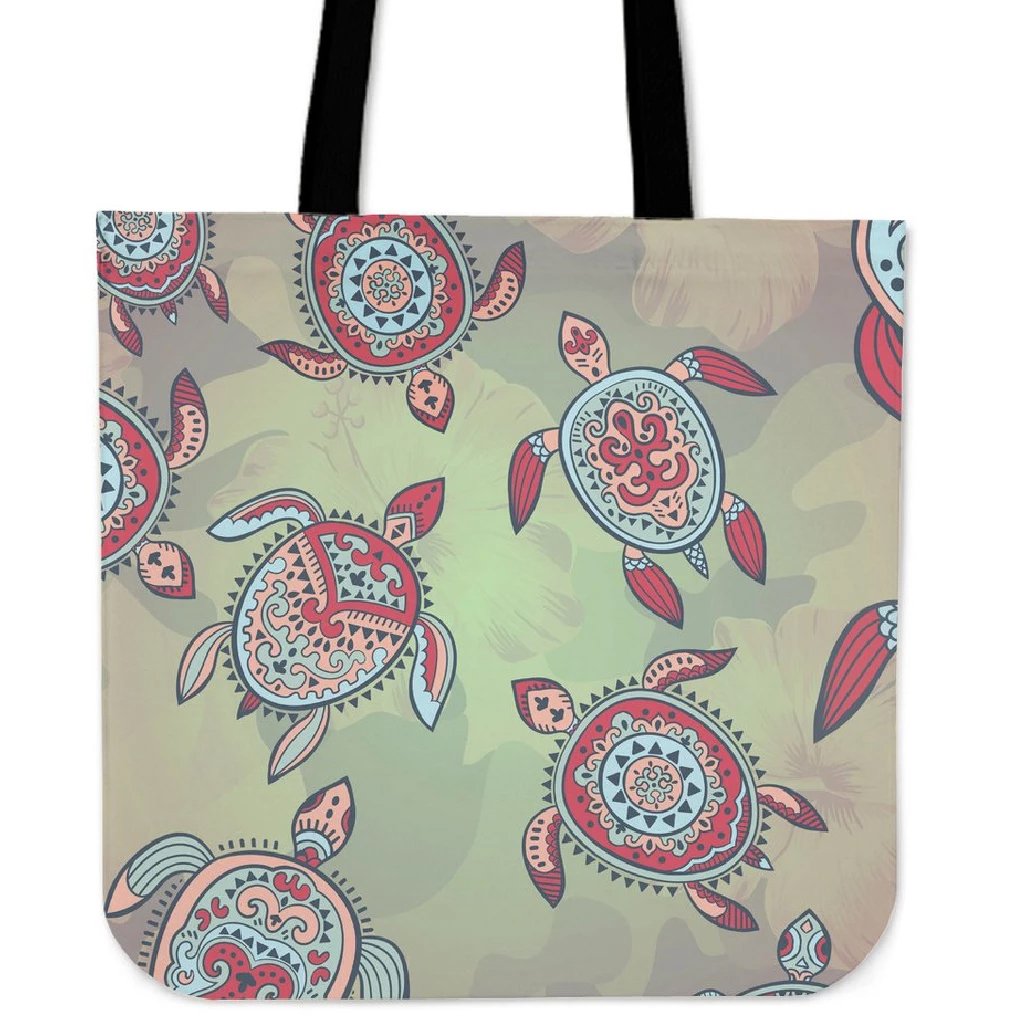 Turtle Colorful Hibiscus Background Tote Bag Tote Bag One Size Black - Polynesian Pride