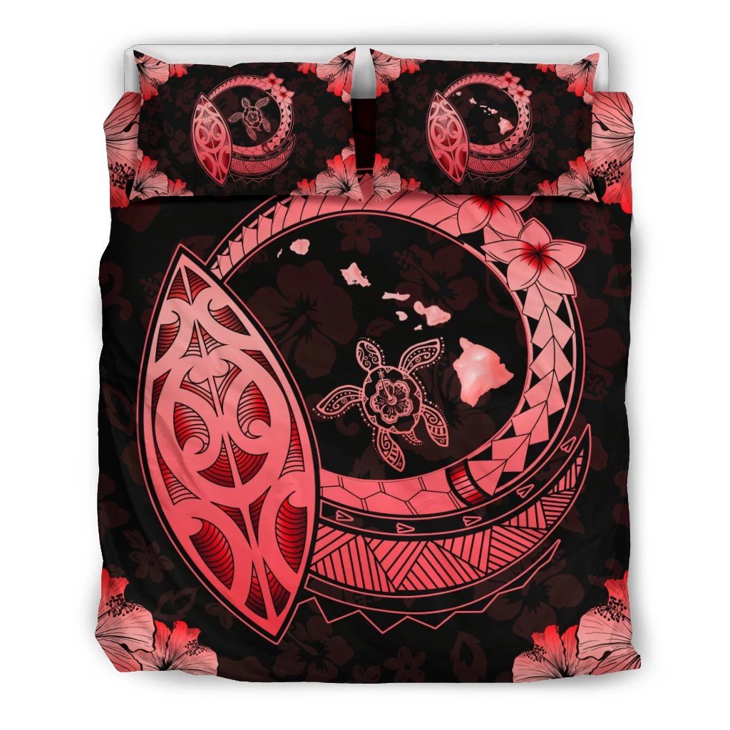 Hawaiian Map Hibiscus Plumeria Turtle Polynesian Bedding Set Red White - Polynesian Pride