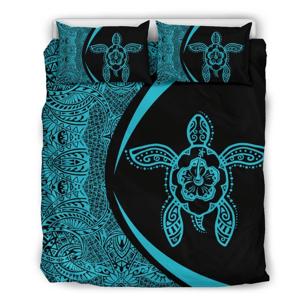 Hawaiian Hibiscus Turtle Polynesian Bedding Set-Circle Style Blue Black - Polynesian Pride