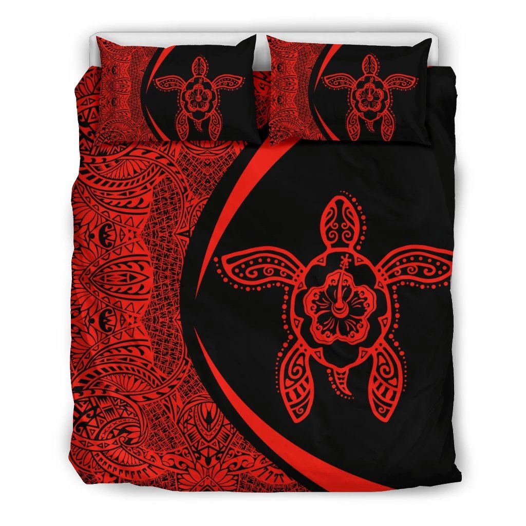 Hawaiian Hibiscus Turtle Polynesian Bedding Set-Circle Style Red Black - Polynesian Pride