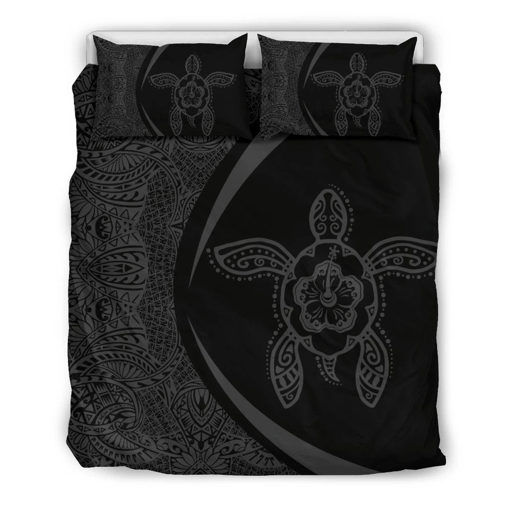 Hawaiian Hibiscus Turtle Polynesian Bedding Set-Circle Style Grey Black - Polynesian Pride