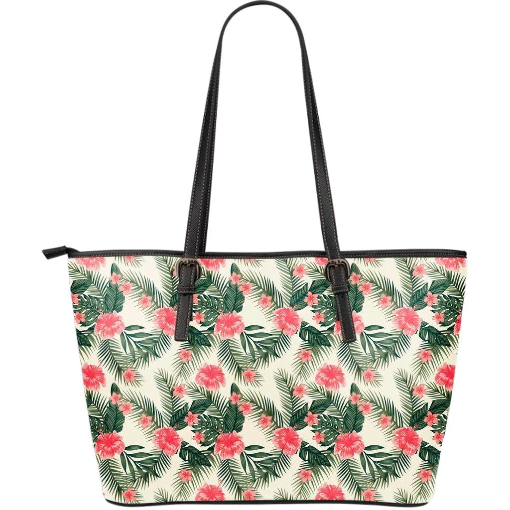 Hawaii Hibiscus Plumeria Tropical Red Large Leather Tote Red - Polynesian Pride