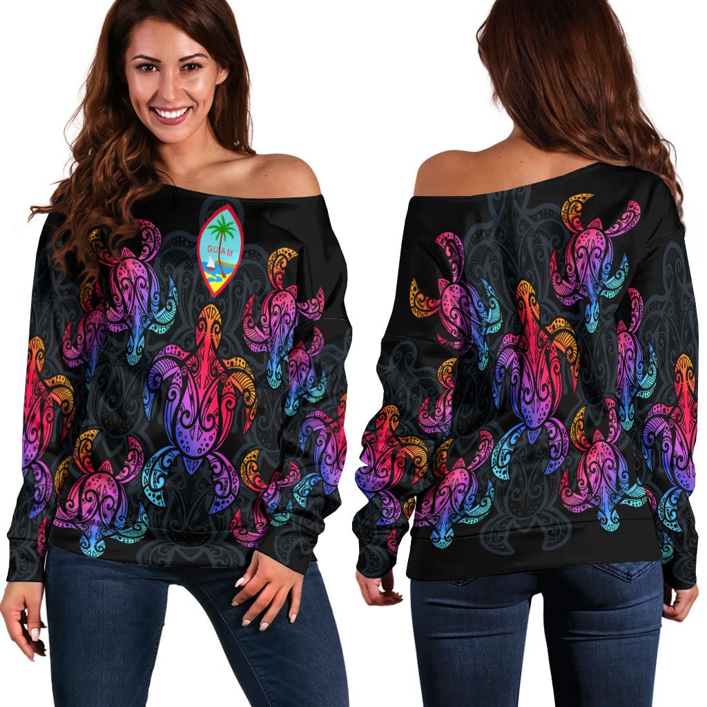 Guam Women's Off Shoulder Sweaters - Sea Turtle In Tribal Polynesian Style Black - Polynesian Pride