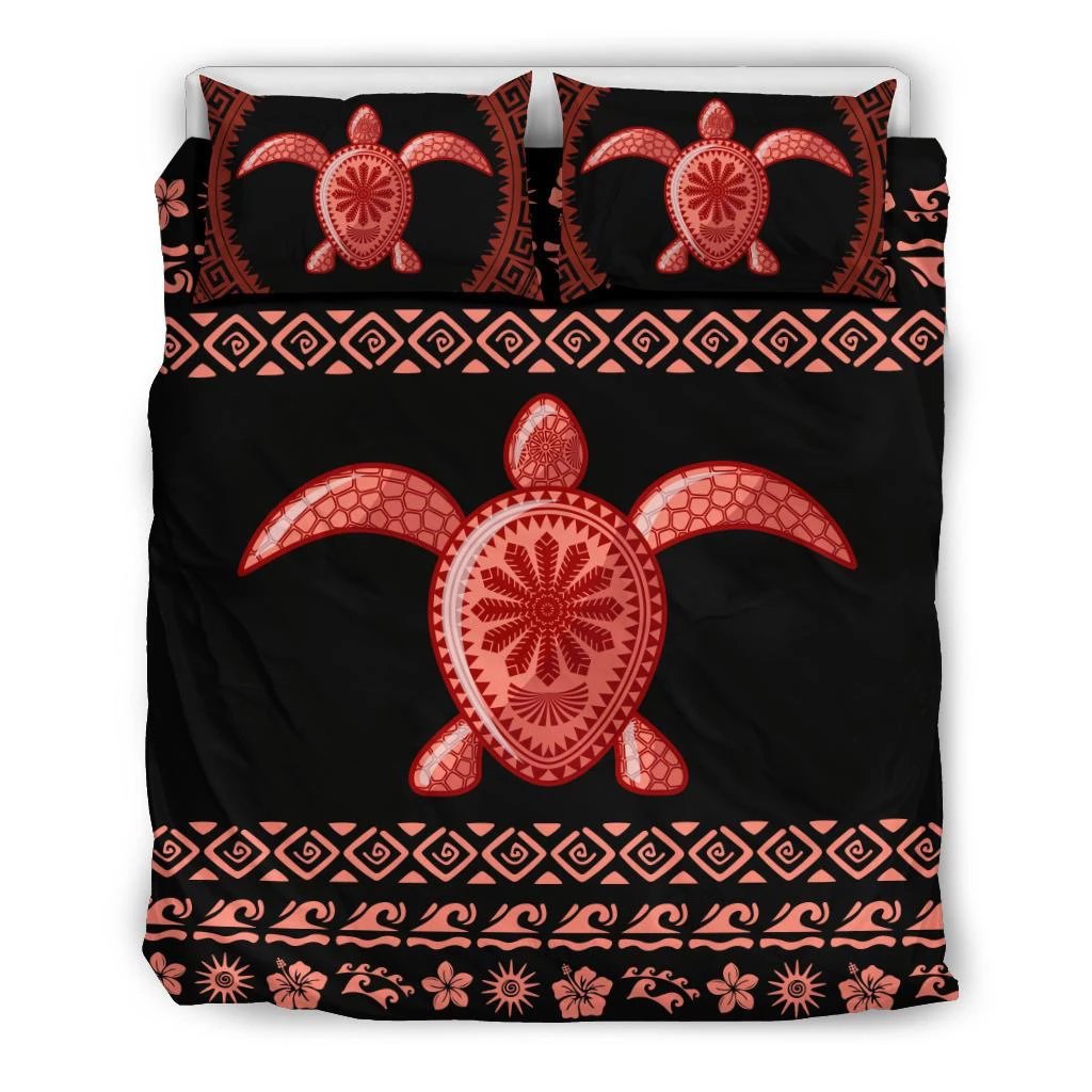 Hawaiian Hibiscus Turtle Polynesian Bedding Sets - Red Version Black - Polynesian Pride