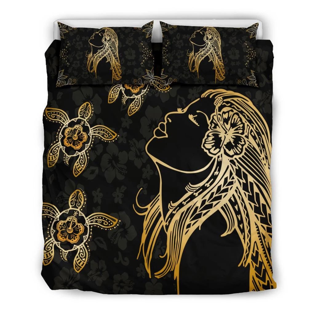 Hawaiian Hula Girl Turtle Hibiscus Polynesian Bedding Set Black - Polynesian Pride