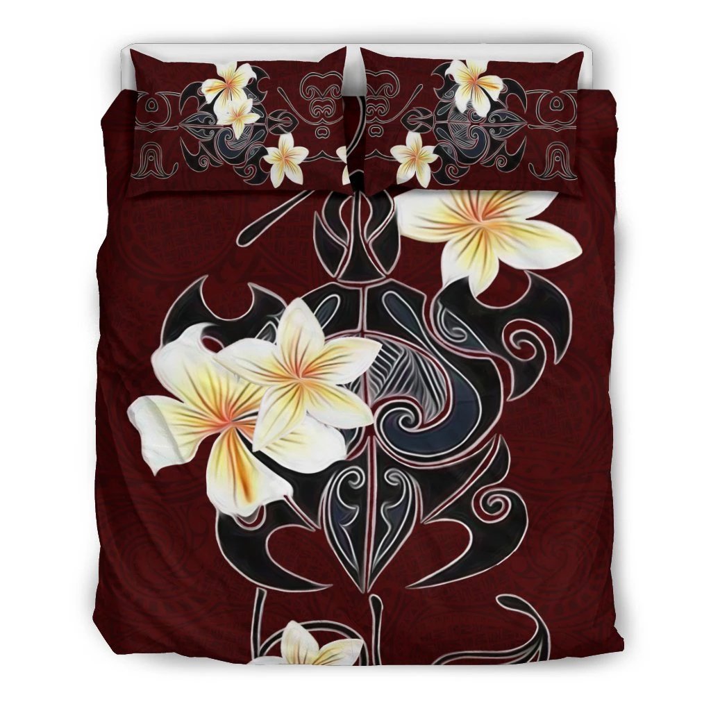 Hawaiian Map Turtle Plumeria Polynesian Bedding Set Black - Polynesian Pride