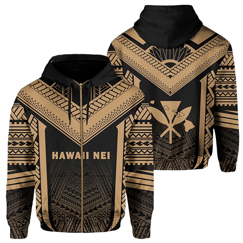 Hawaii Kanaka Polynesian Zip up Hoodie Active Gold Unisex Gold - Polynesian Pride