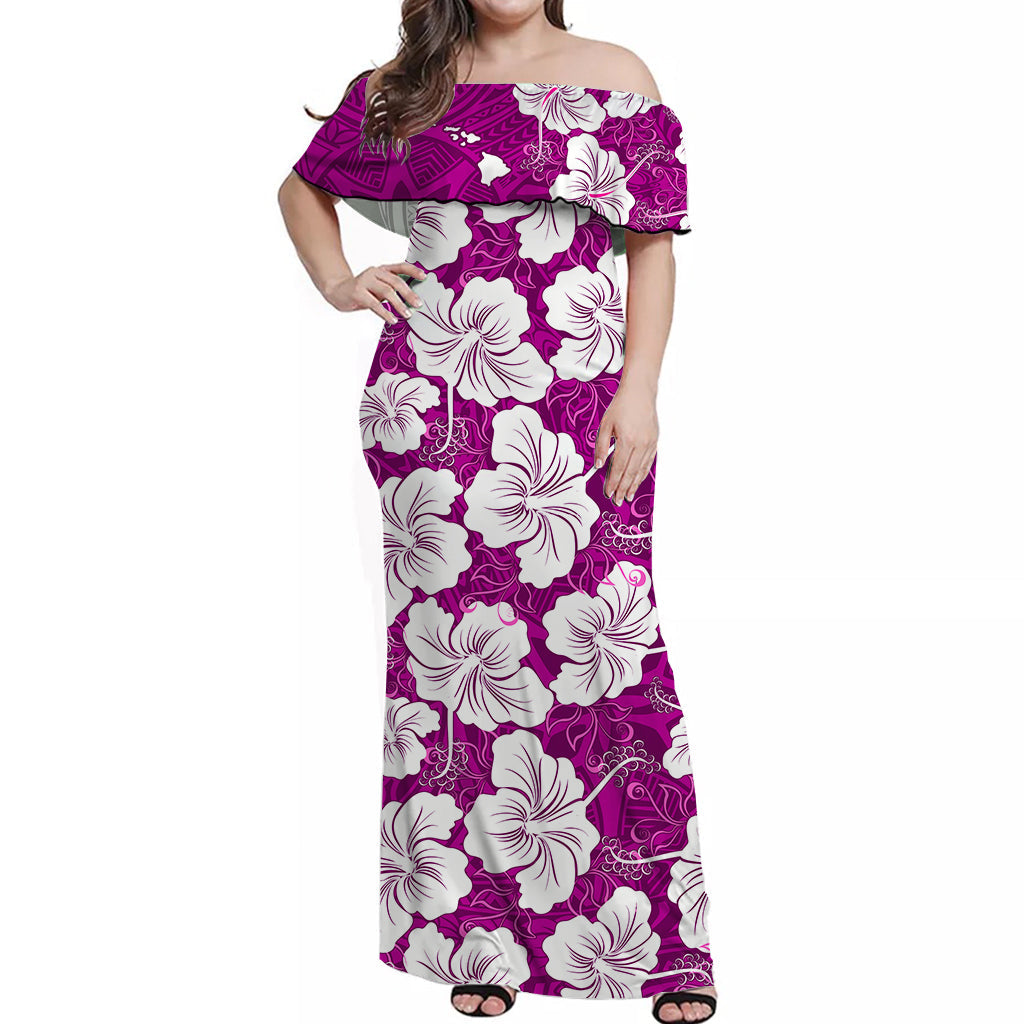 (Custom Personalised) Hawaii Off Shoulder Long Dress Pink Simple Tropical Flowers LT13 Women Pink - Polynesian Pride