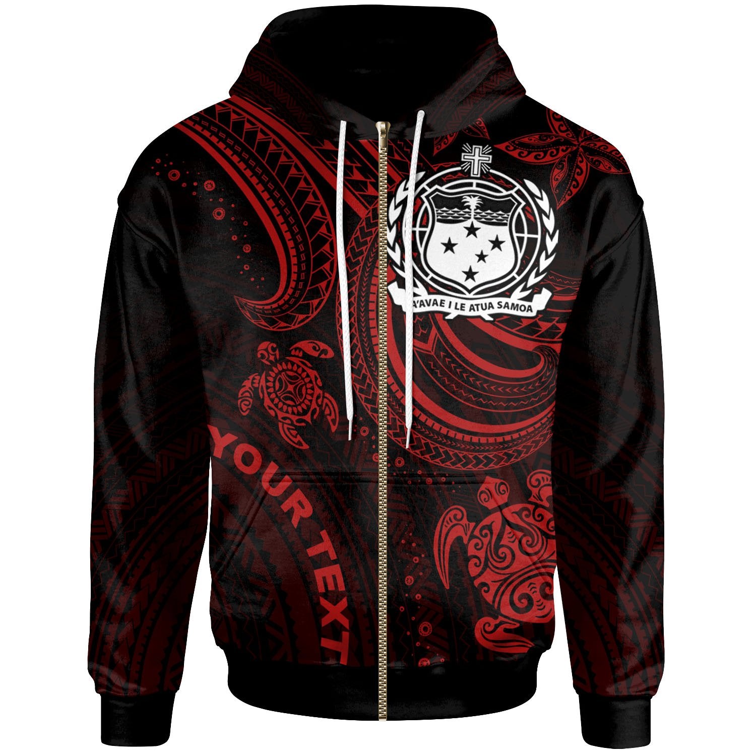 Samoa Custom Zip up Hoodie Red Turtle Unisex Red - Polynesian Pride