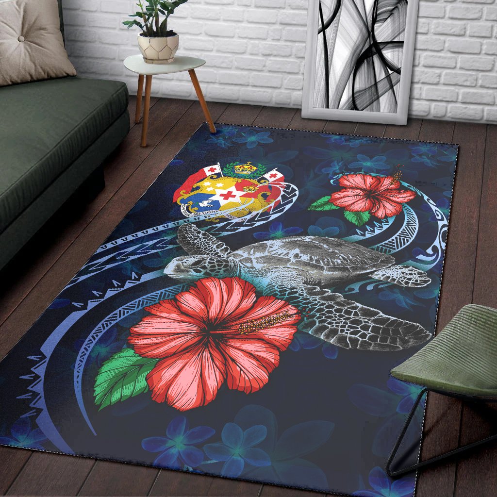 Tonga Polynesian Area Rug - Blue Turtle Hibiscus - Polynesian Pride