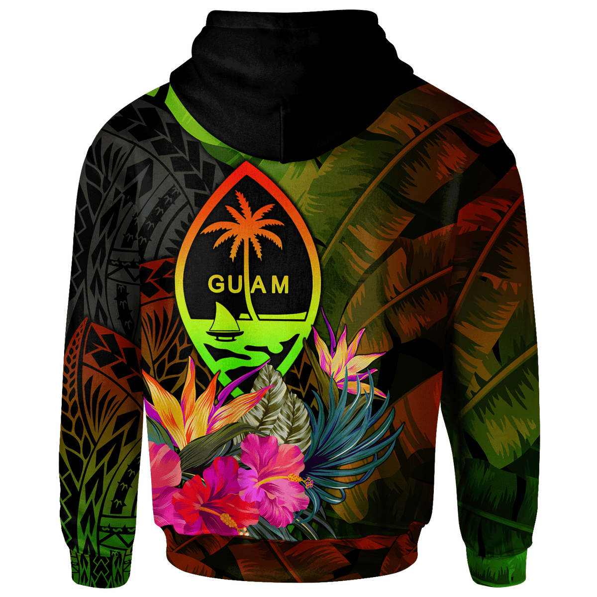 Guam Polynesian Hoodie Hibiscus and Banana Leaves - Polynesian Pride