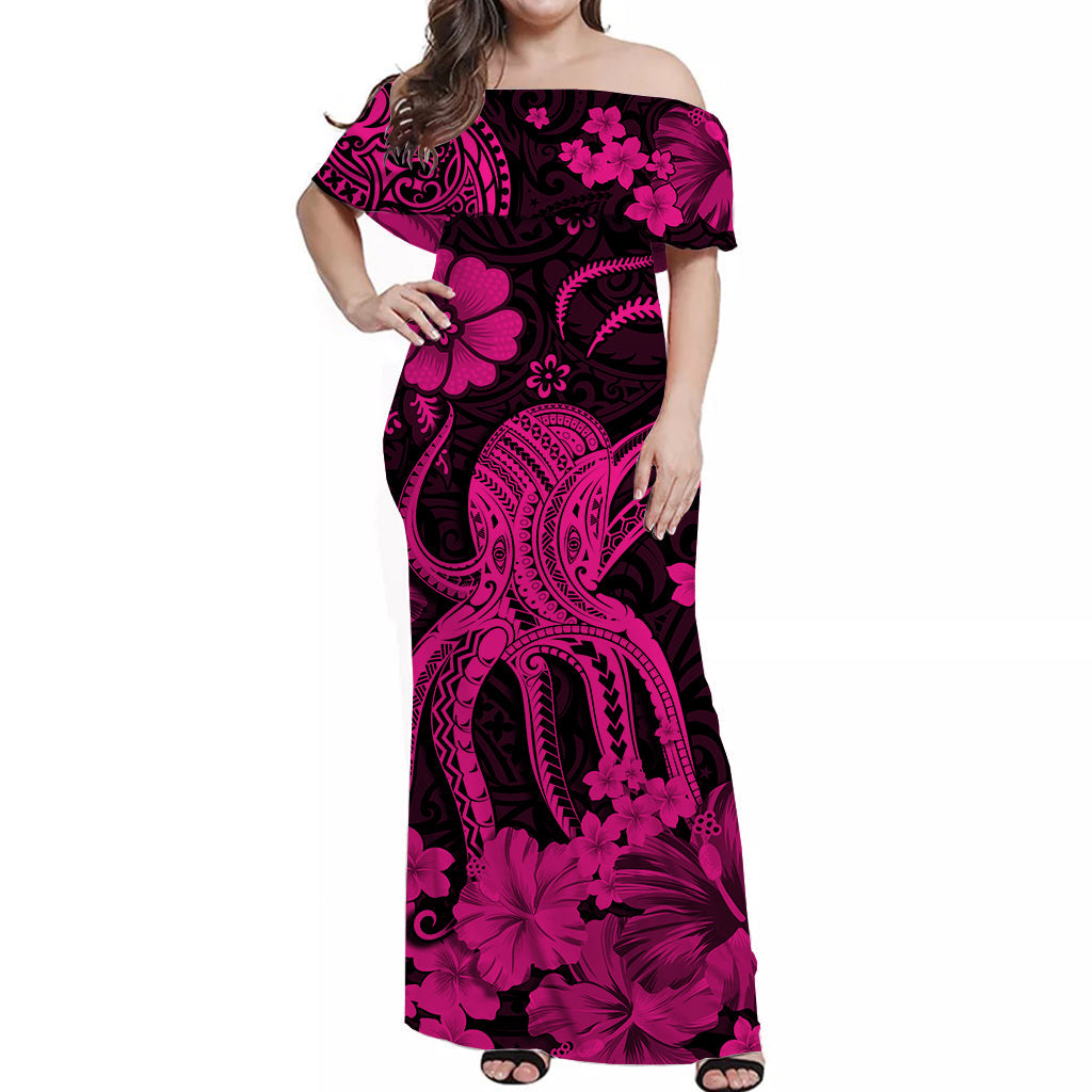 Hawaii Off Shoulder Long Dress Polynesia Pink Octopus LT13 Women Pink - Polynesian Pride