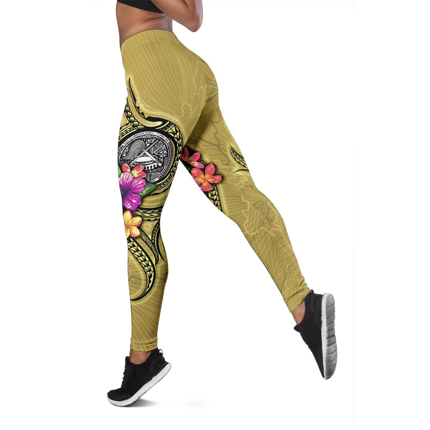 American Samoa Polynesian Legging - Floral With Seal Gold Yellow - Polynesian Pride