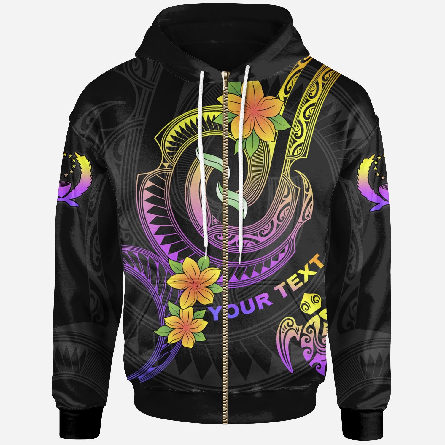 Pohnpei Custom Zip up Hoodie Plumeria Flowers with Polynesian Patterns Unisex Black - Polynesian Pride