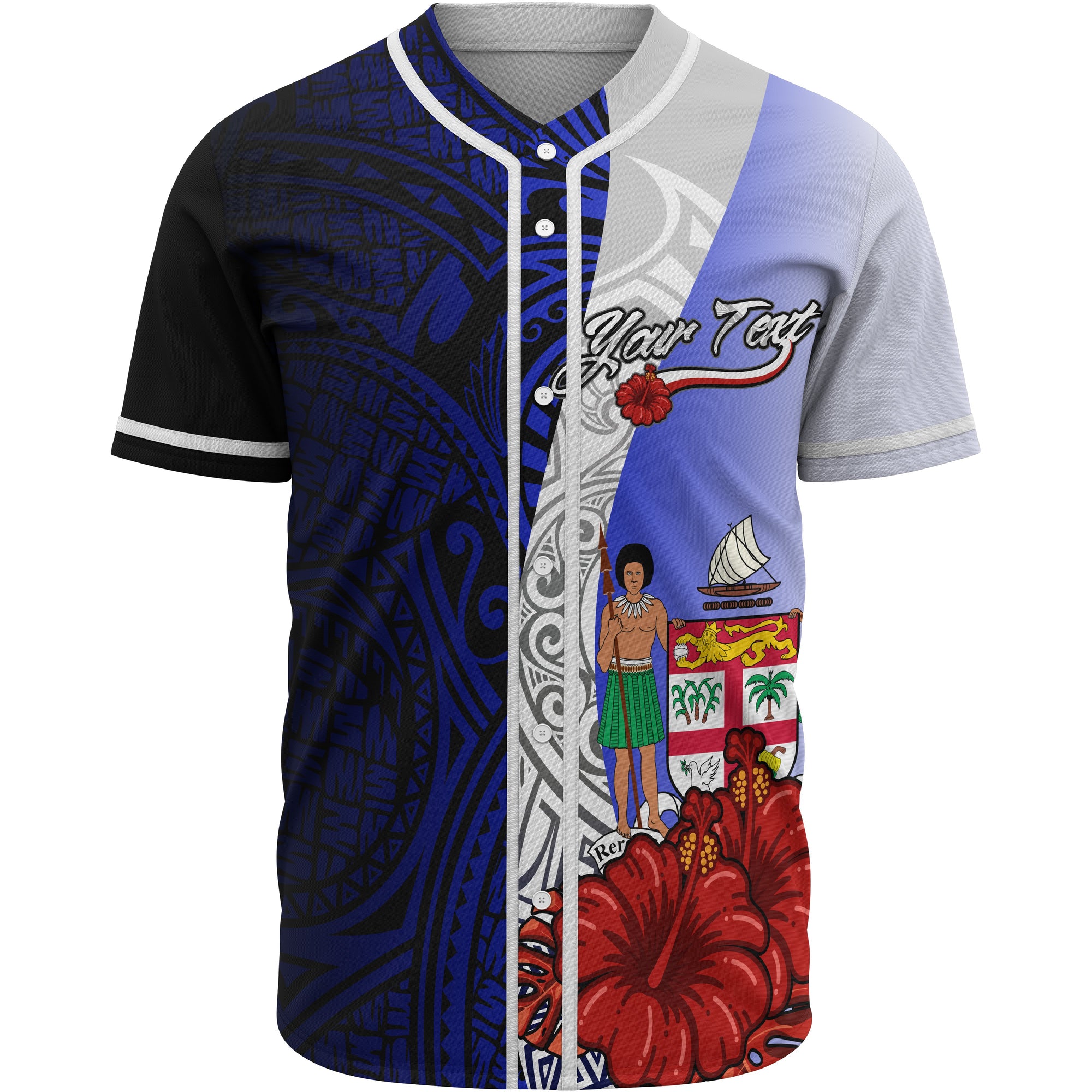 Fiji Polynesian Custom Personalised Baseball Shirt - Coat Of Arm With Hibiscus Blue Unisex Blue - Polynesian Pride