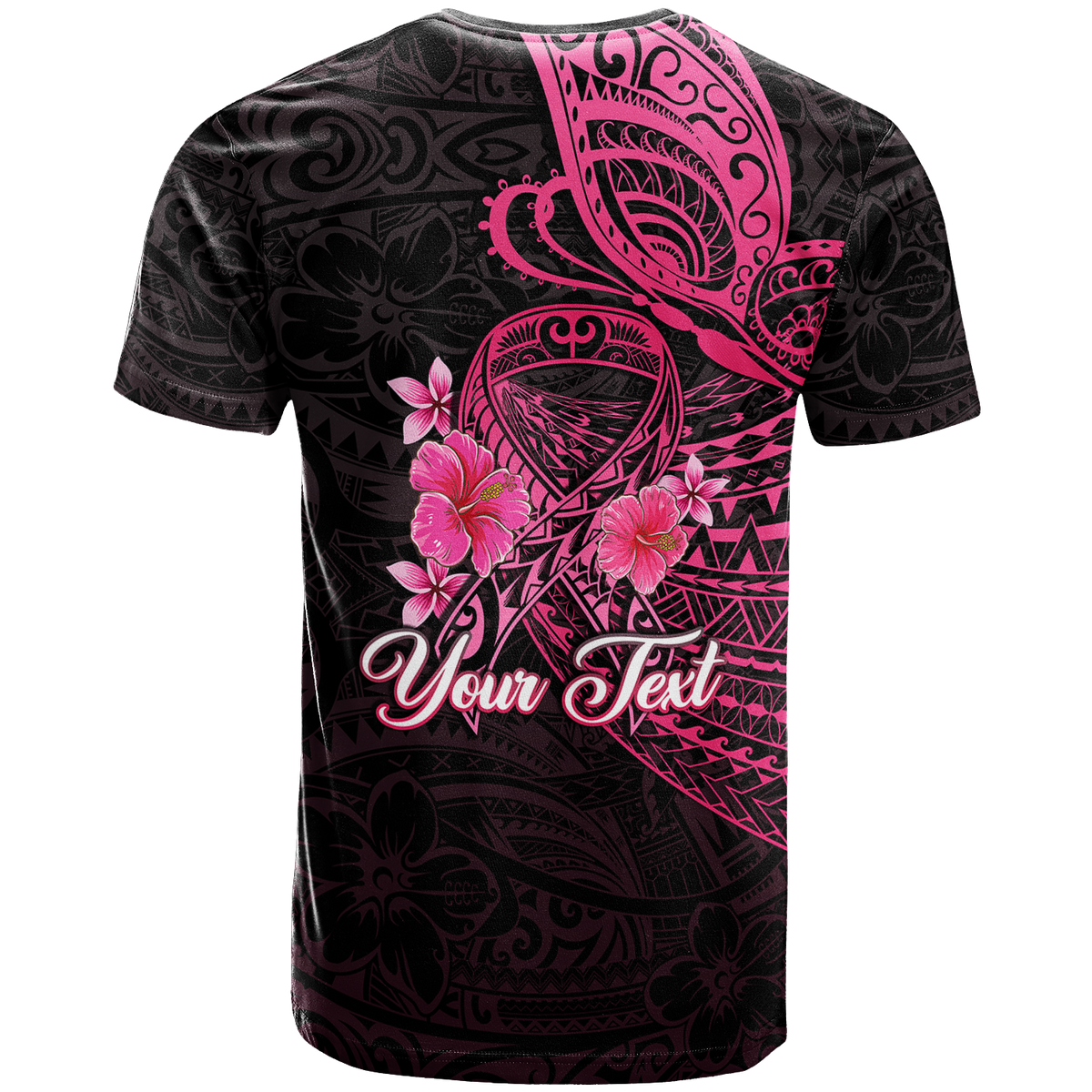 Custom Breast Cancer Pink Ribbon Butterfly Polynesian Black Version T Shirt LT12 - Polynesian Pride