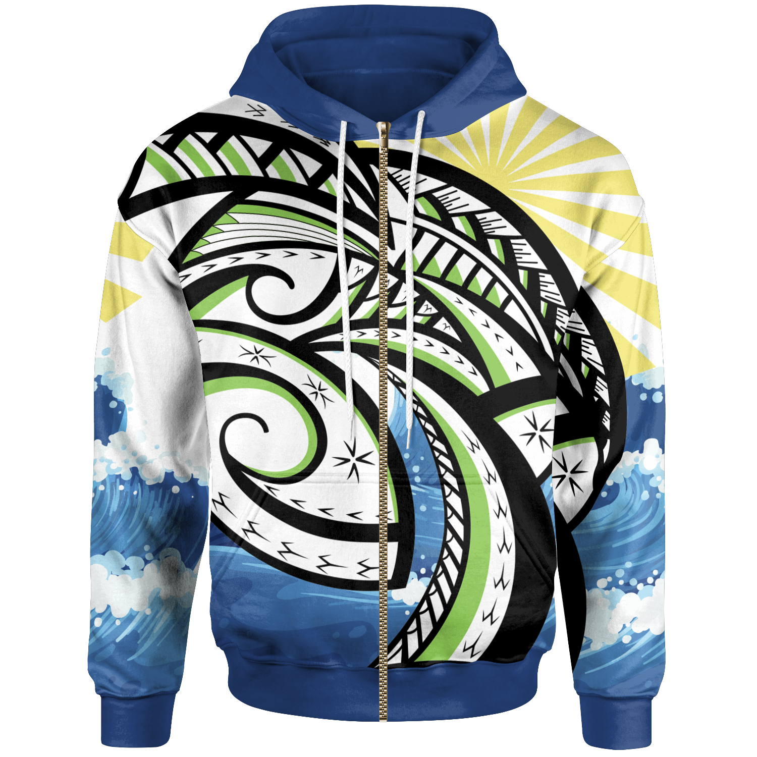 Polynesian Zip up Hoodie Dawn Sea Waves Pattern Unisex Blue - Polynesian Pride