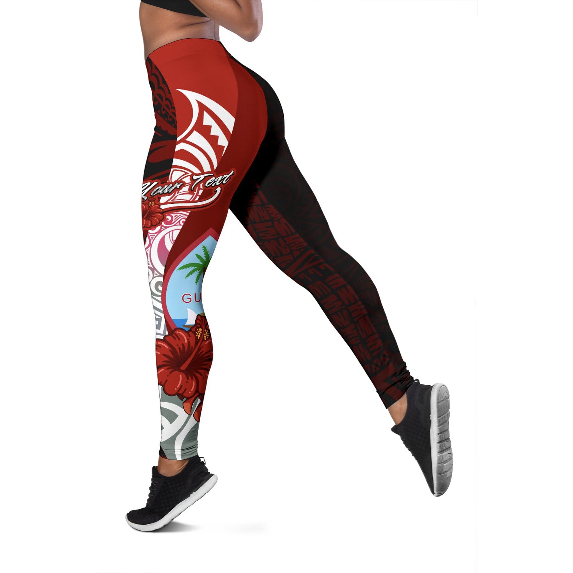 Guam Polynesian Custom Personalised Legging - Coat Of Arm With Hibiscus Red - Polynesian Pride