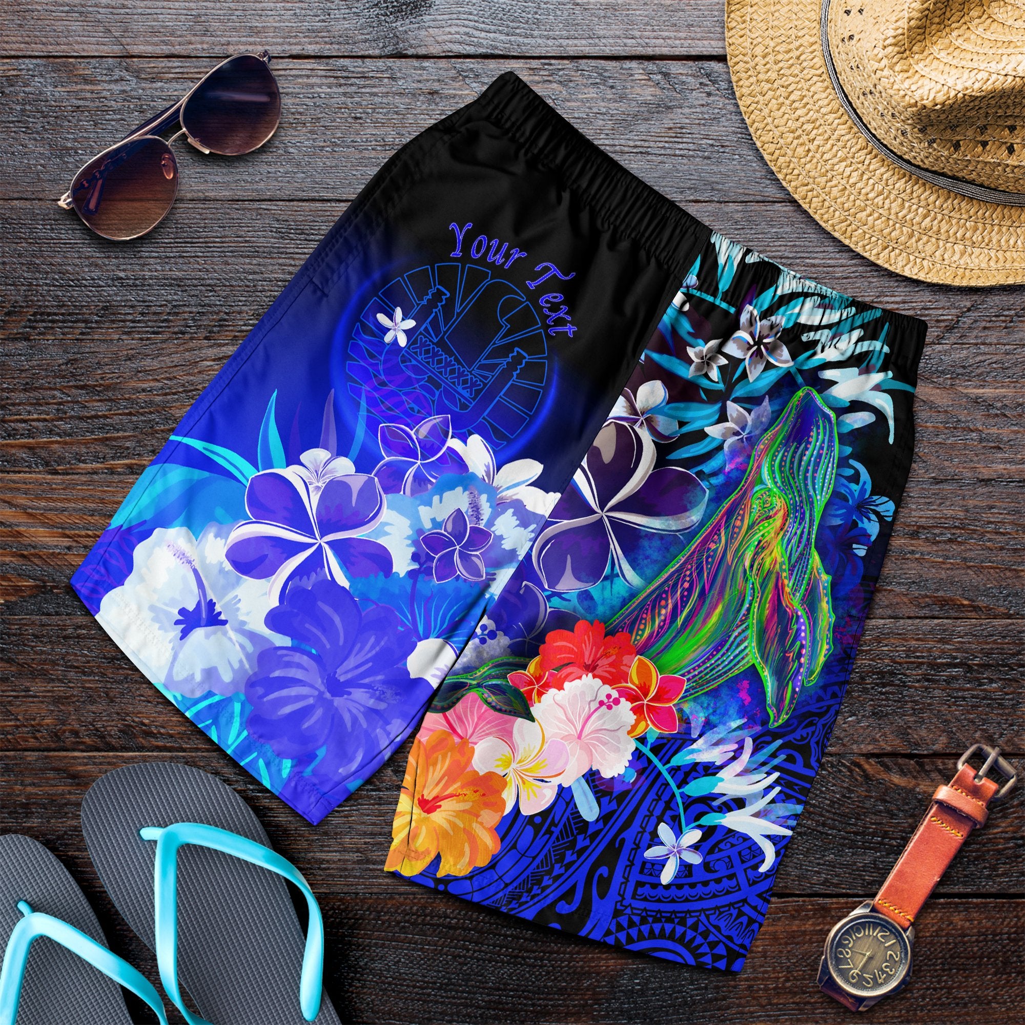 Tahiti Custom Personalised Men's Shorts - Humpback Whale with Tropical Flowers (Blue) Blue - Polynesian Pride