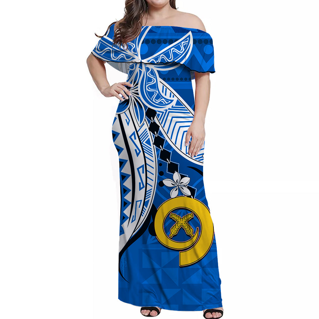 Vanuatu Color Off Shoulder Long Dress Pig Tusk Polynesian Blue LT13 Long Dress Blue - Polynesian Pride