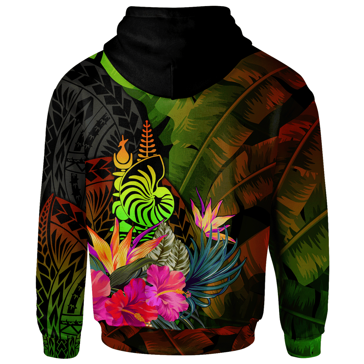 New Caledonia Polynesian Hoodie Hibiscus and Banana Leaves - Polynesian Pride