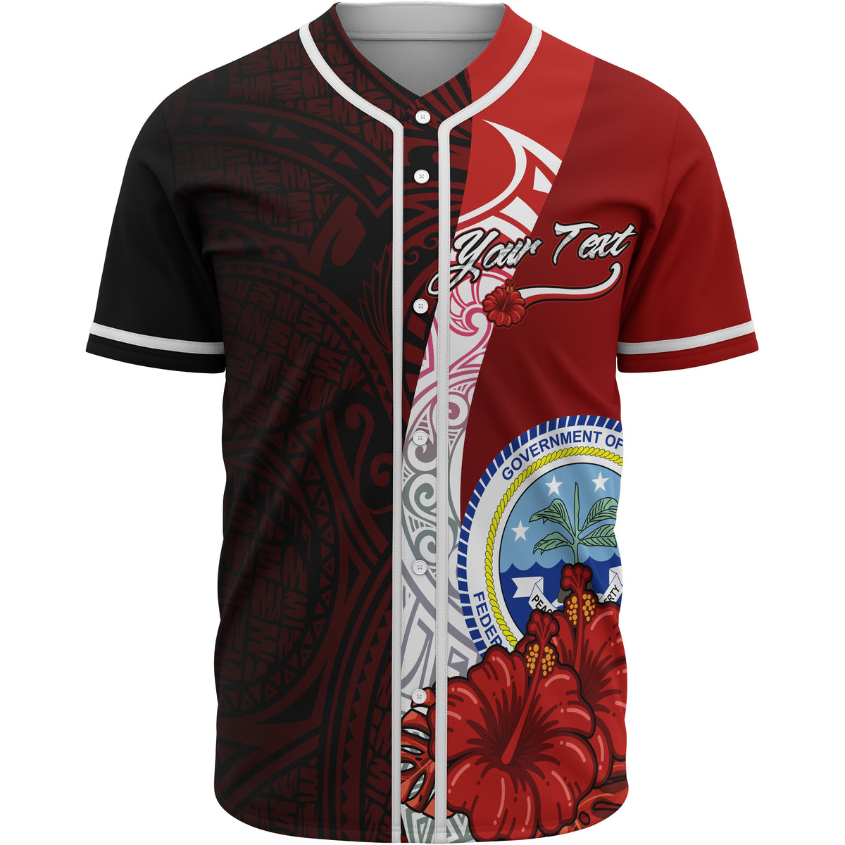 Federated States Of Micronesia Polynesian Custom Personalised Baseball Shirt - Coat Of Arm With Hibiscus Unisex Red - Polynesian Pride