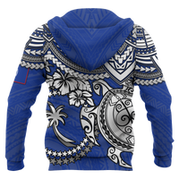 Chuuk Polynesian Hoodie (Zip up) White Turtle (Blue) - Polynesian Pride