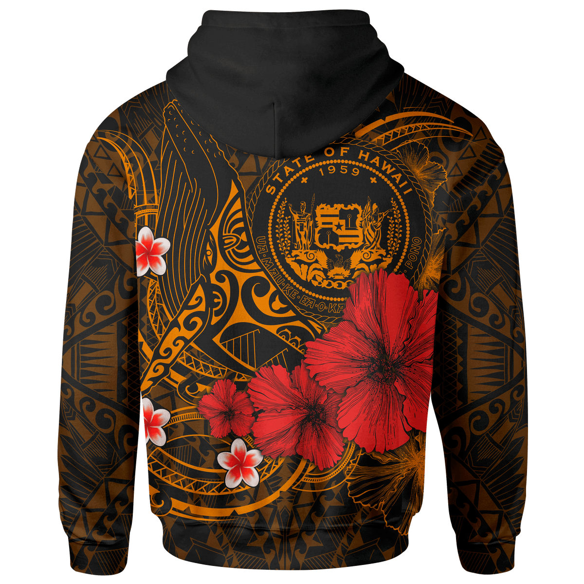 Polynesian Hawaii Zip up Hoodie Humpback Whale with Hibiscus (Golden) - Polynesian Pride