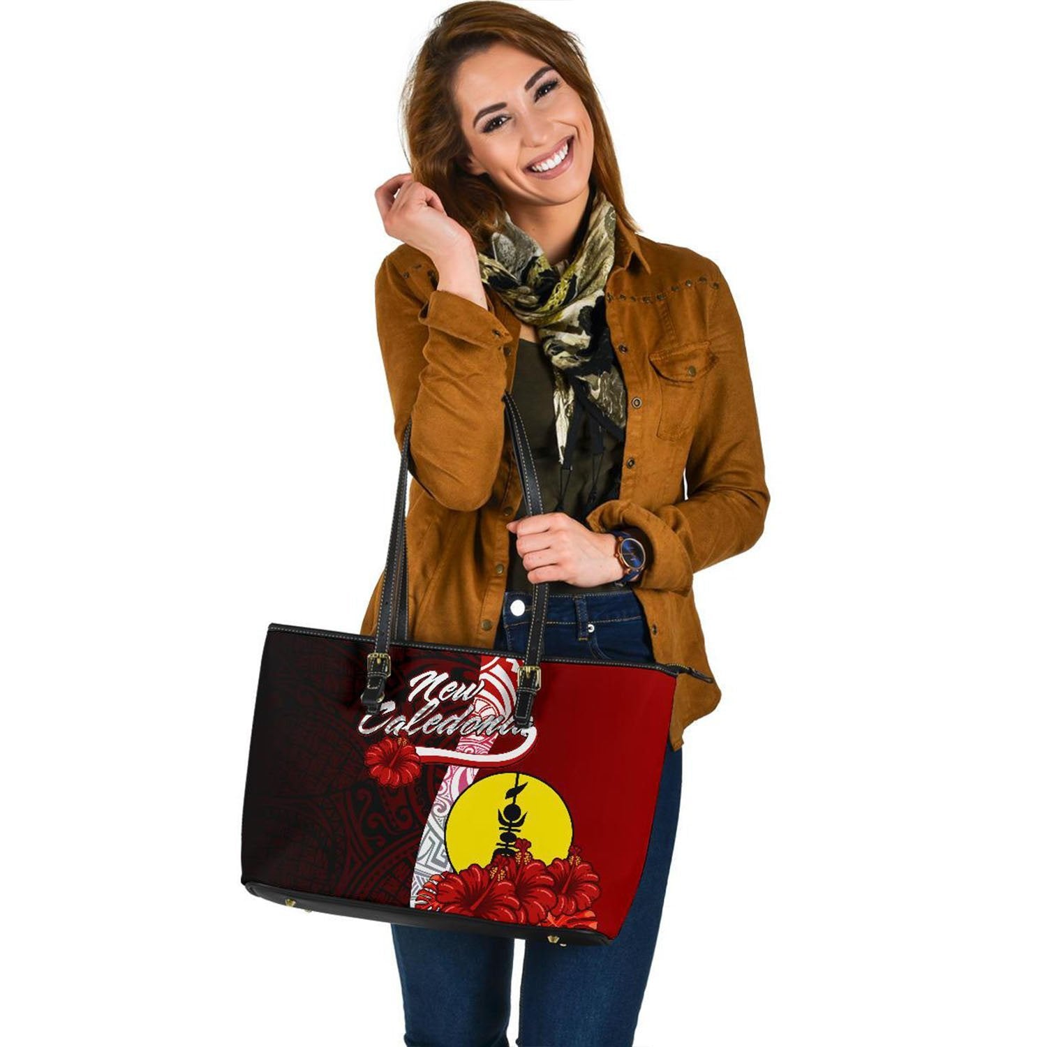 New Caledonia Polynesian Leather Tote Bag - Coat Of Arm With Hibiscus Red - Polynesian Pride