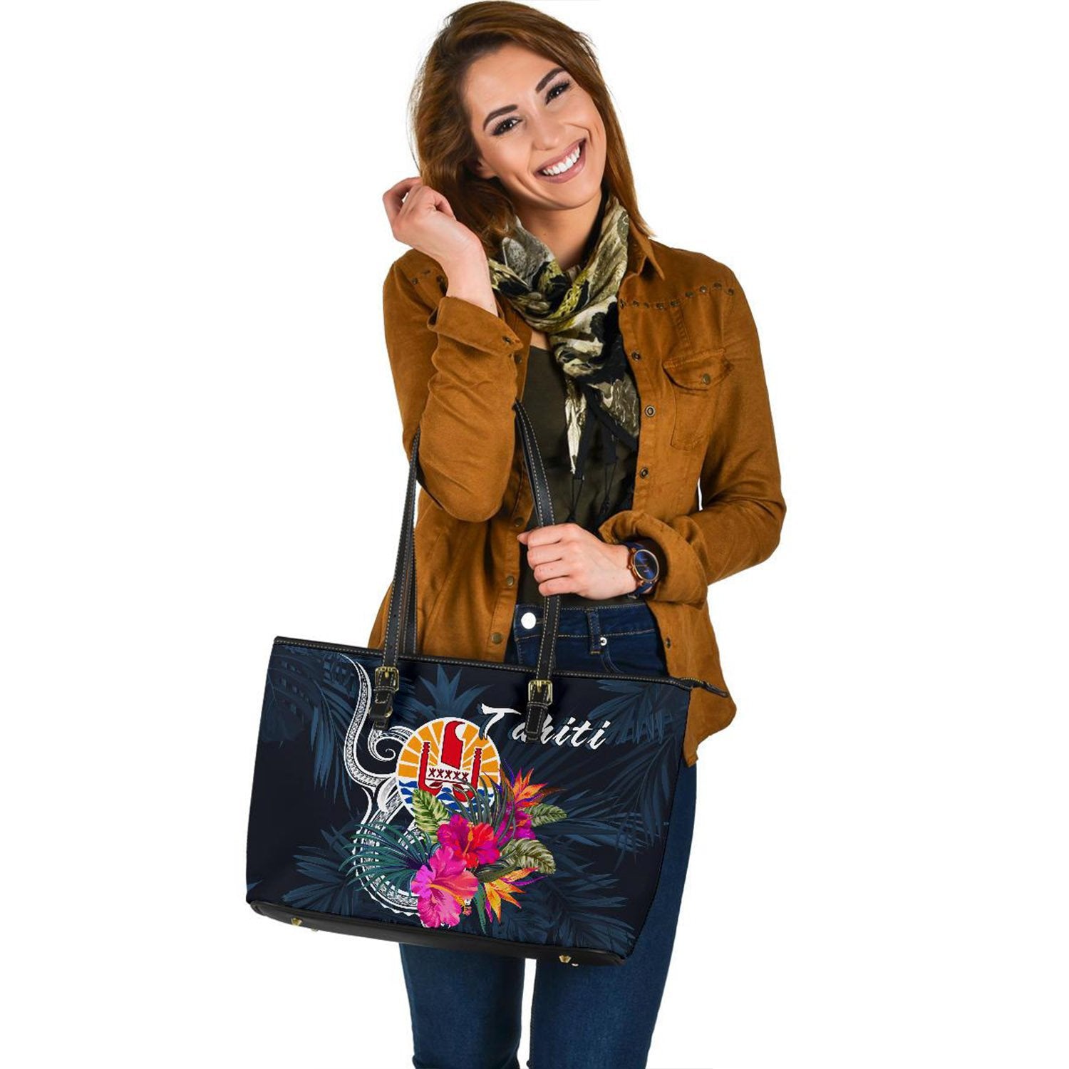 Tahiti Polynesian Large Leather Tote - Tropical Flower Blue - Polynesian Pride