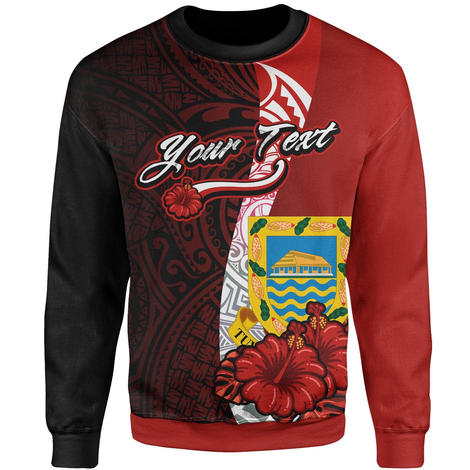 Tuvalu Islands Polynesian Custom Personalised Sweater - Coat Of Arm With Hibiscus Unisex Red - Polynesian Pride