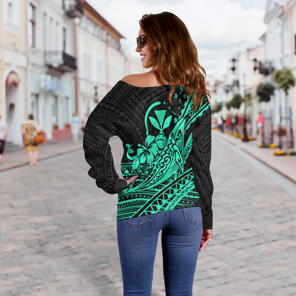 Hawaii Humpback Whale With Hibiscus Tribal Turquoise Women Off Shoulder Sweater - LT12 - Polynesian Pride