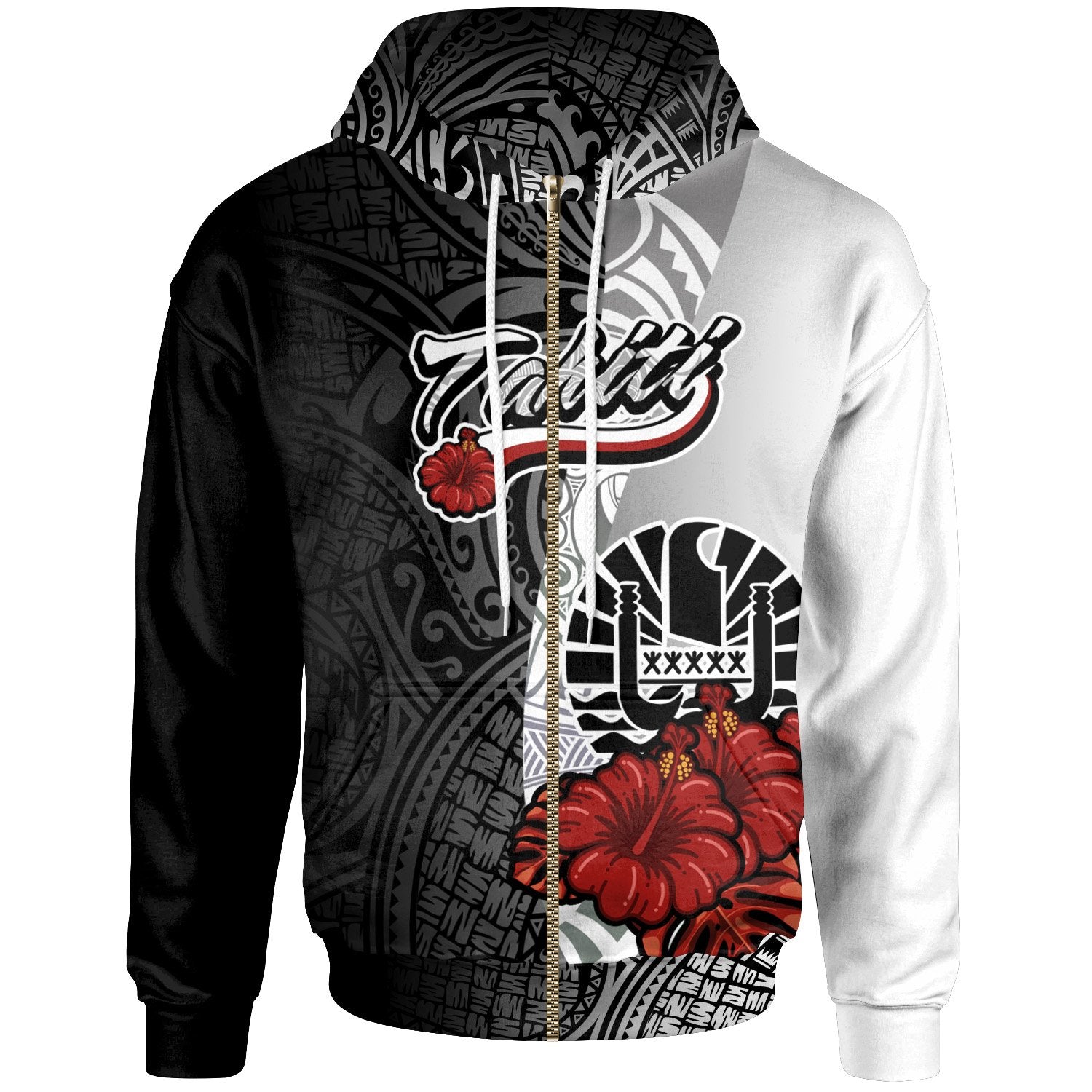 Tahiti Polynesian Zip up Hoodie Coat of Arm With Hibiscus White Unisex White - Polynesian Pride