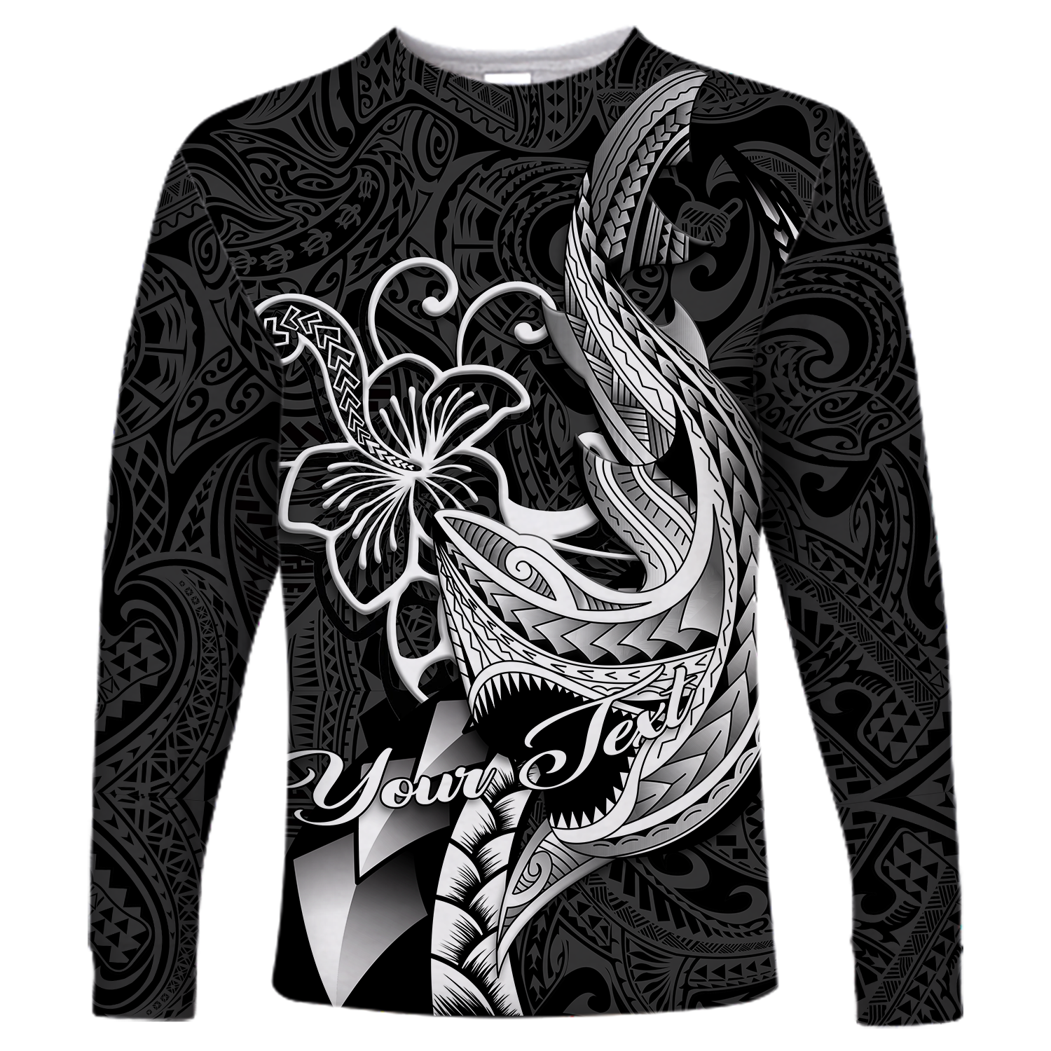 (Custom Personalised) Polynesian Shark Tattoo Hawaii Tribal Long Sleeve Shirt - LT12 Unisex Black - Polynesian Pride