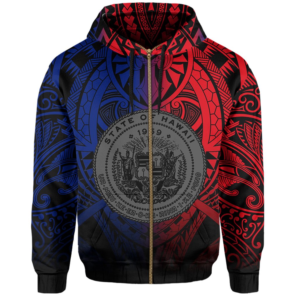Hawaii Maka Polynesian Coat of Arms Zip Hoodie Heaven Style Red Blue - Polynesian Pride