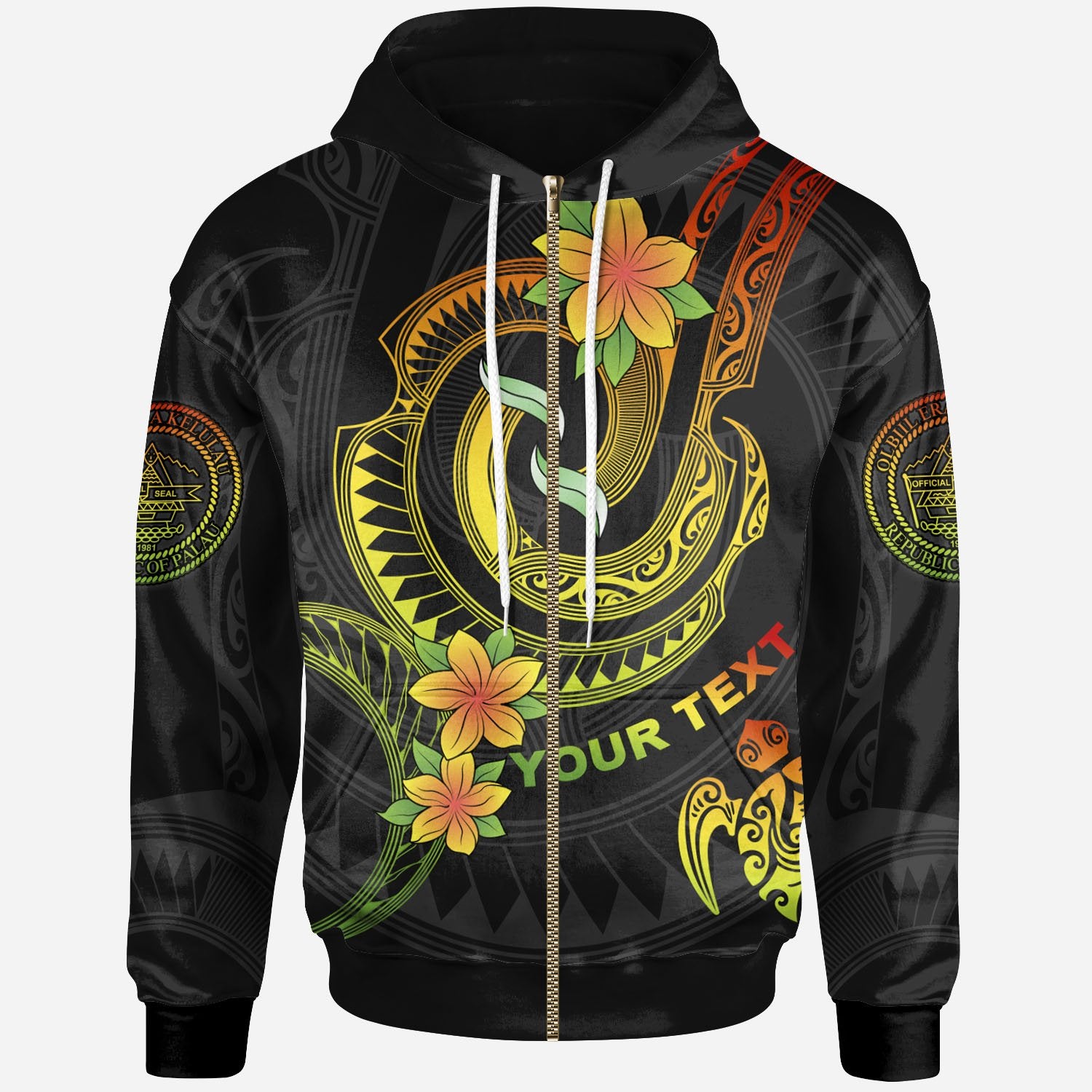 Palau Custom Zip up Hoodie Reggae Plumeria Flowers with Spiral Patterns Unisex Reggae - Polynesian Pride