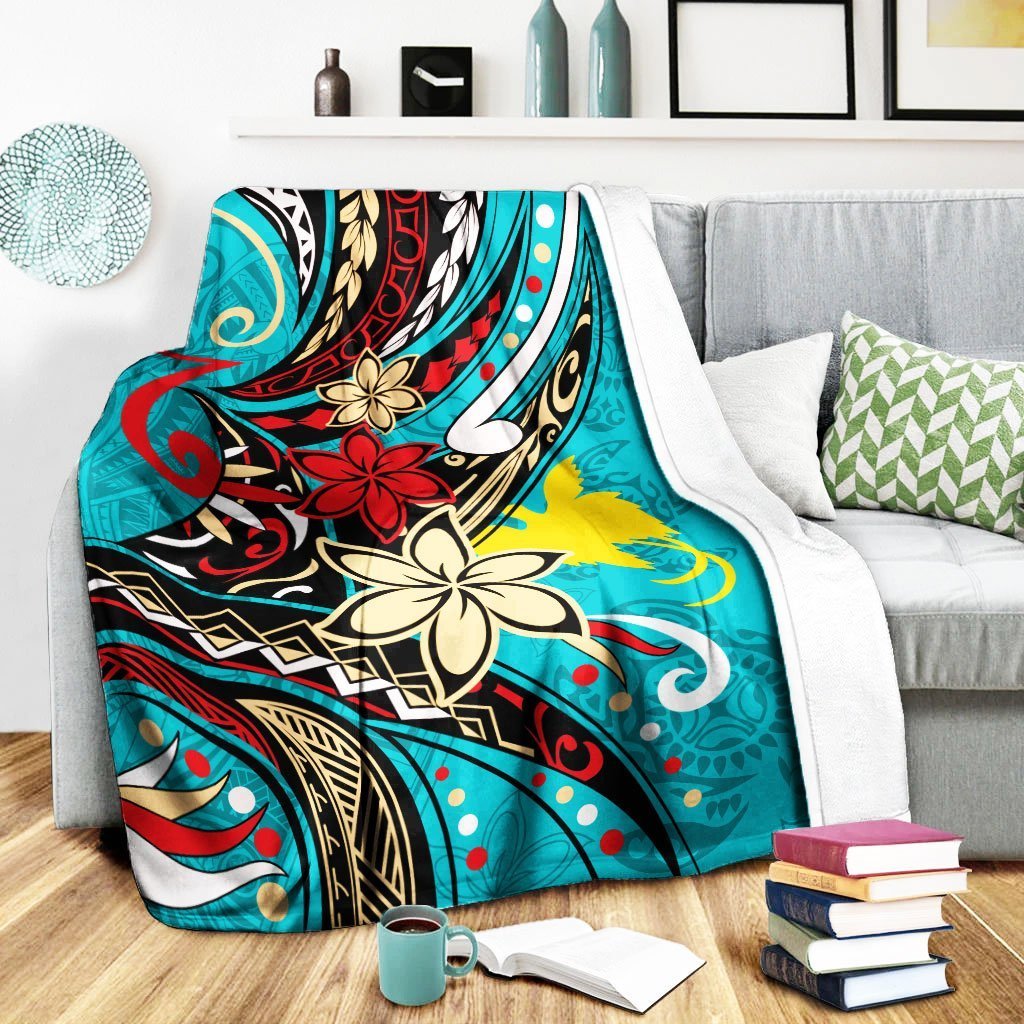 Papua New Guinea Premium Blanket - Tribal Flower With Special Turtles Blue Color - Polynesian Pride