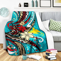 Papua New Guinea Premium Blanket - Tribal Flower With Special Turtles Blue Color - Polynesian Pride