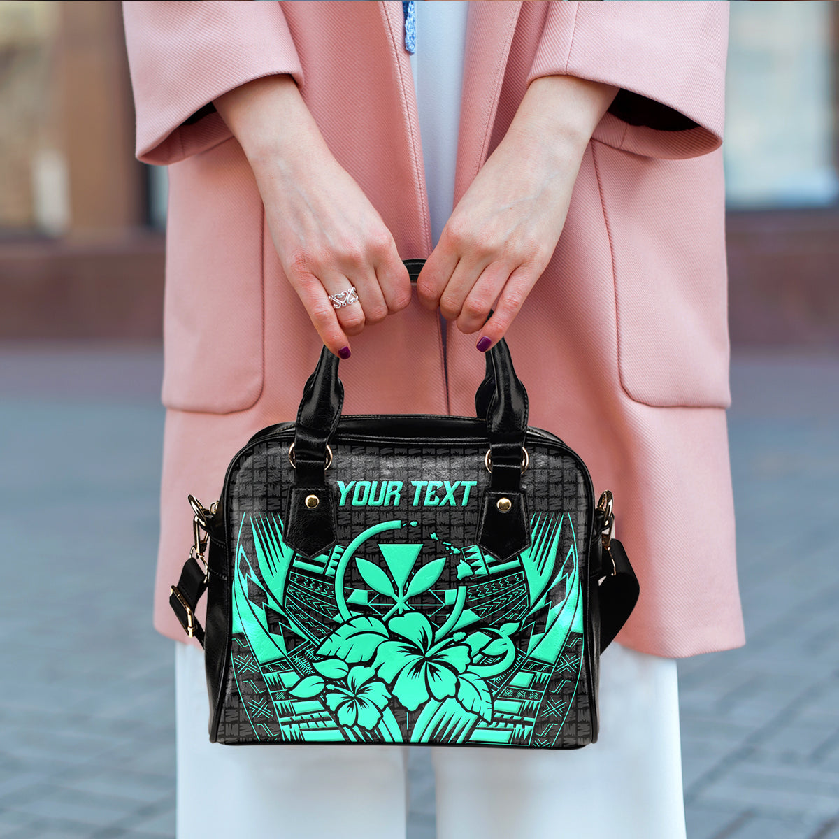 (Custom Personalised) Hawaii Shoulder Handbag - Hibiscus With Tribal Turquoise - LT12 - Polynesian Pride