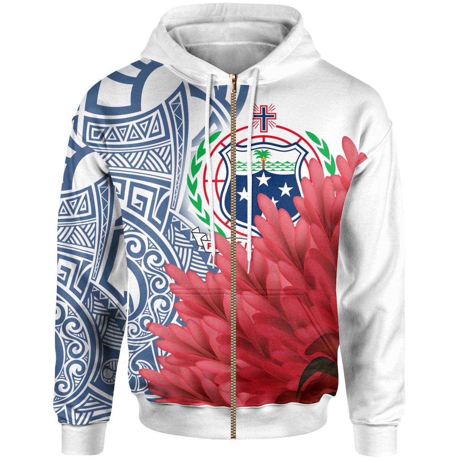 American Samoa Zip up Hoodie Teuila Flowers With Polynesian Pattern Unisex White - Polynesian Pride