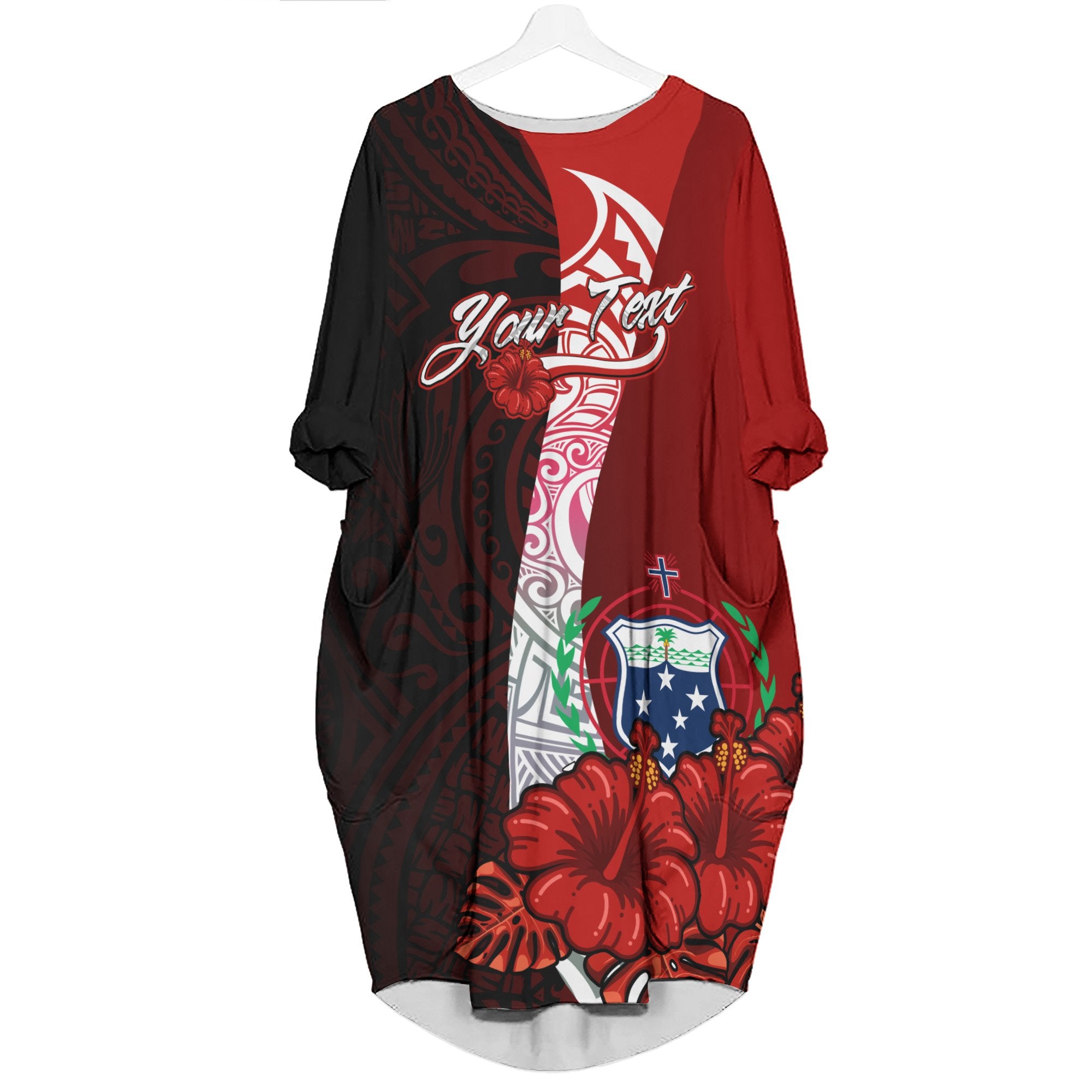 Samoa Polynesian Custom Personalised Batwing Pocket Dress - Hibiscus With Coat Of Arm Women Black - Polynesian Pride