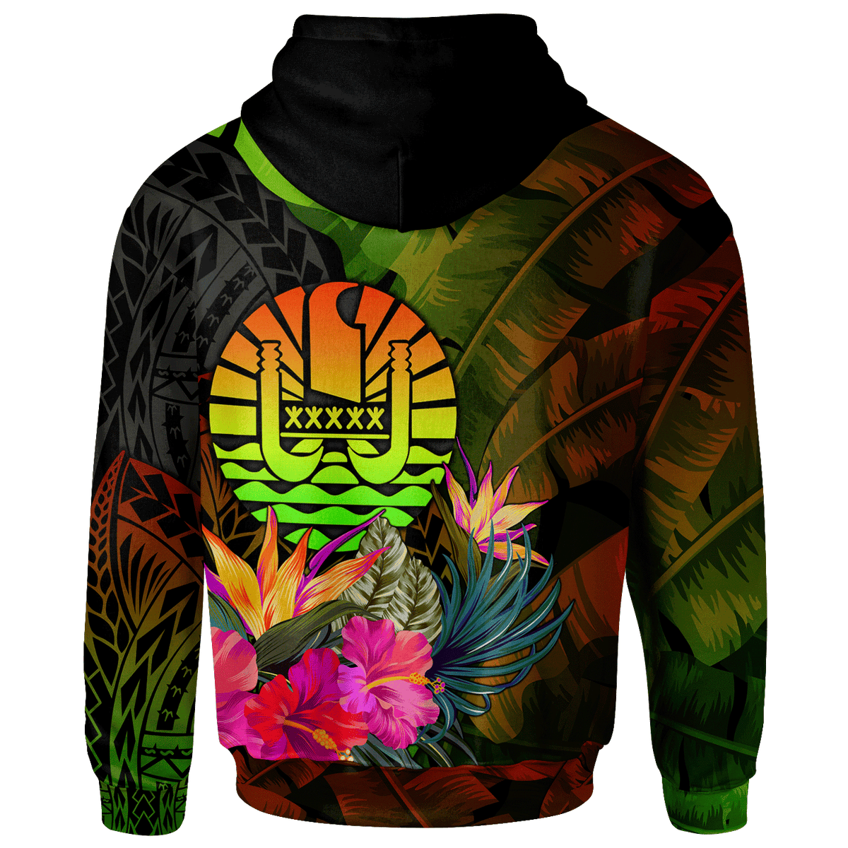 Tahiti Polynesian Custom Zip up Hoodie Hibiscus and Banana Leaves - Polynesian Pride