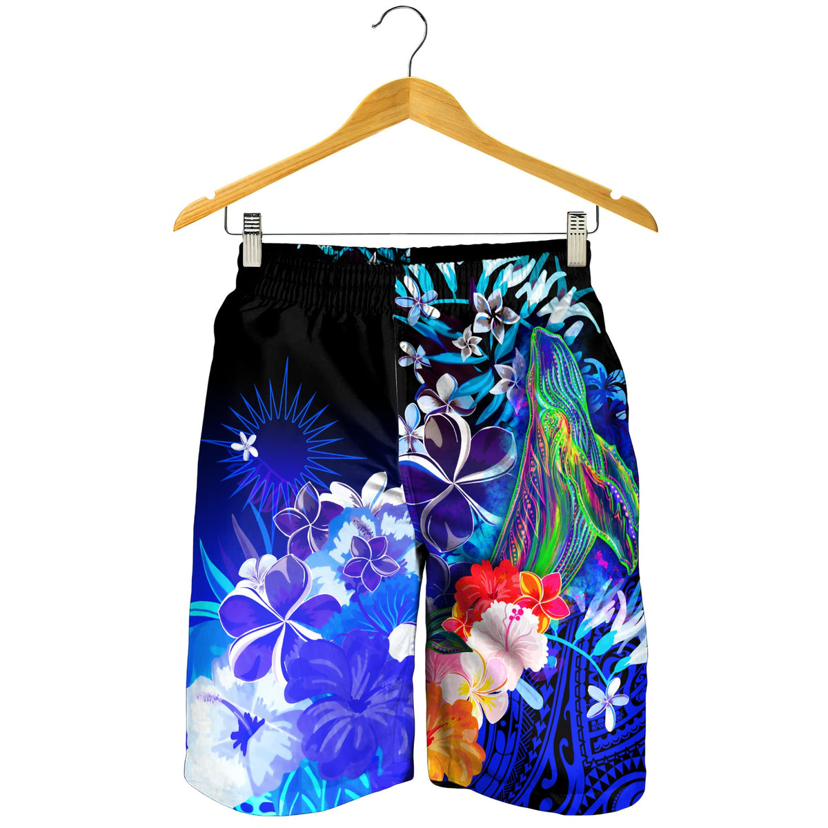 Marshall Islands Men's Shorts - Humpback Whale with Tropical Flowers (Blue) - Polynesian Pride