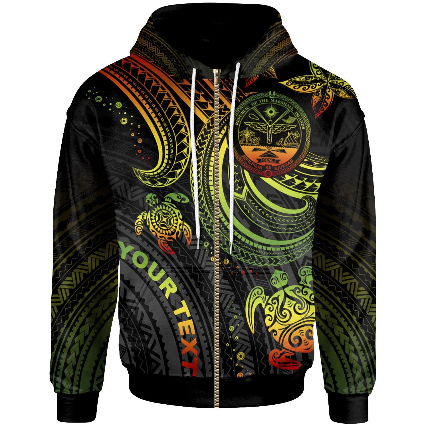 Marshall Islands Custom Zip up Hoodie Coat of Arm with Reggae Turtle Unisex Reggae - Polynesian Pride