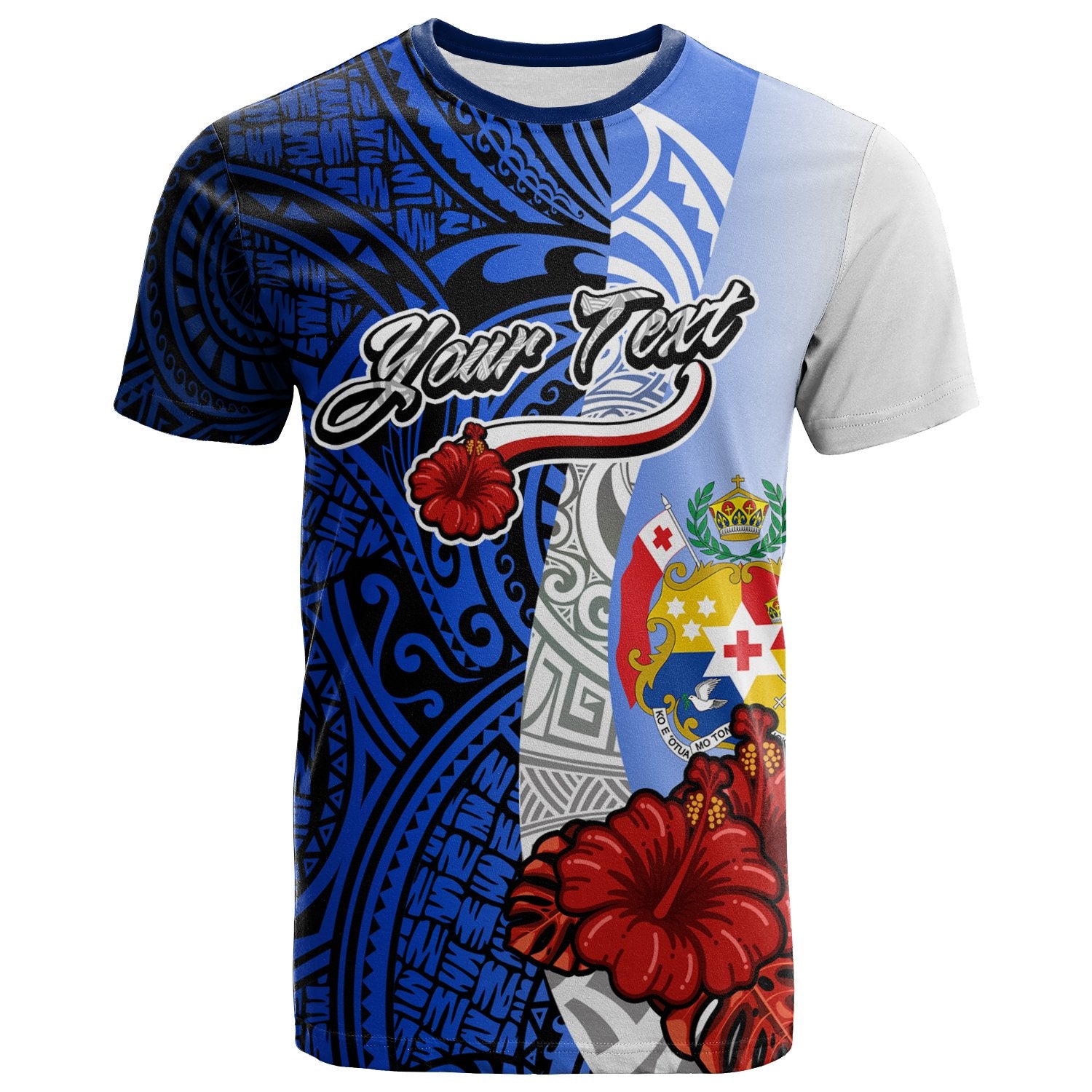 Tonga Polynesian Custom T Shirt Coat of Arm With Hibiscus Blue Unisex Blue - Polynesian Pride